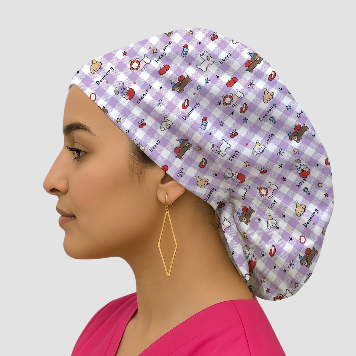 Cartoon Puppy Apple Gingham Scrub Cap