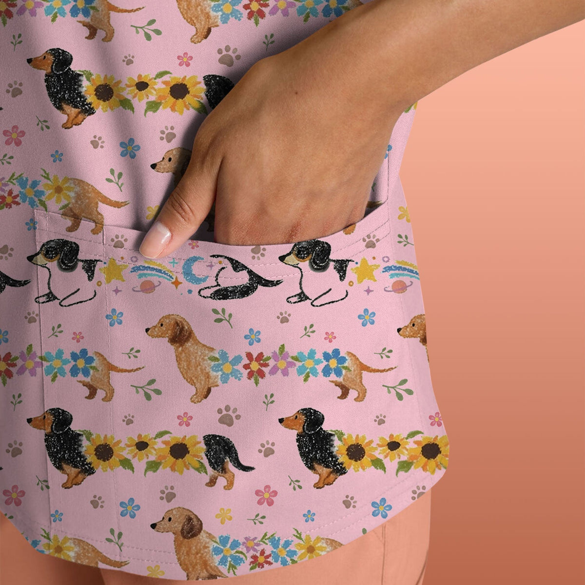 Floral Wiener Dog Nurse Scrub Top