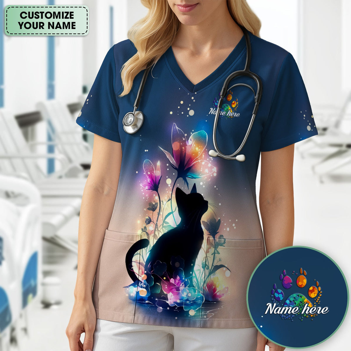 Personalized Cat Floral Glow Nurse Scrub Top