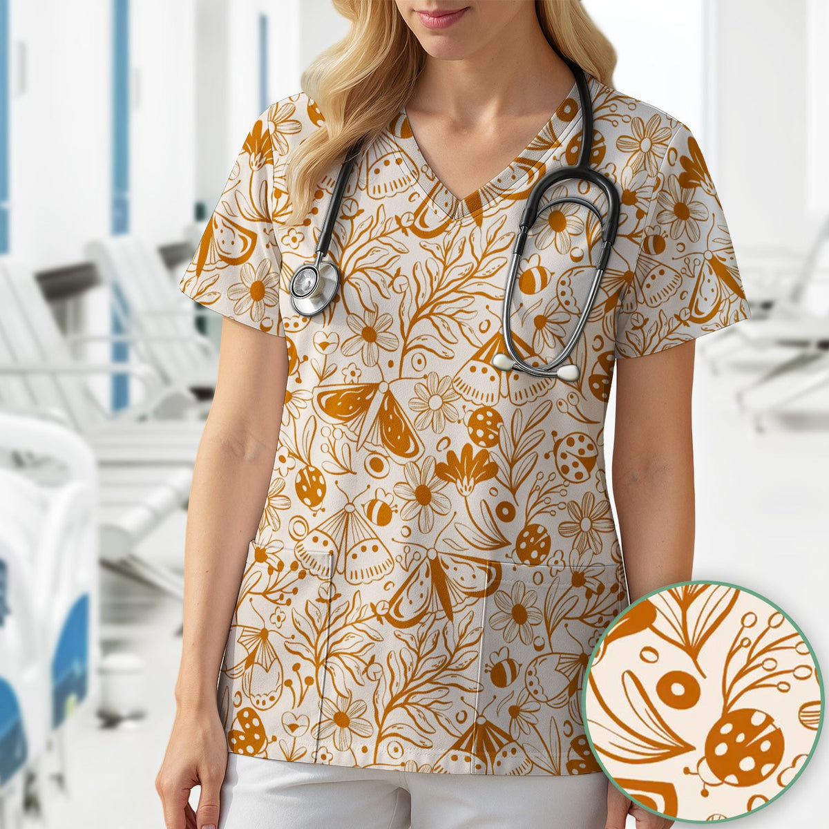 Butterfly Ladybug Floral Garden Nurse Scrub Top