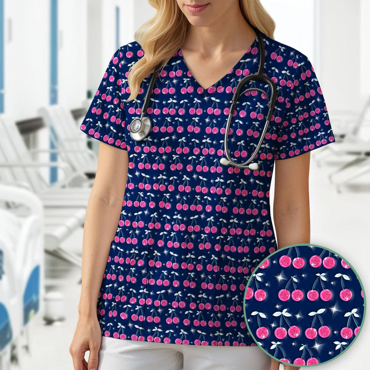 Pink Cherry Sparkle Nurse Scrub Top