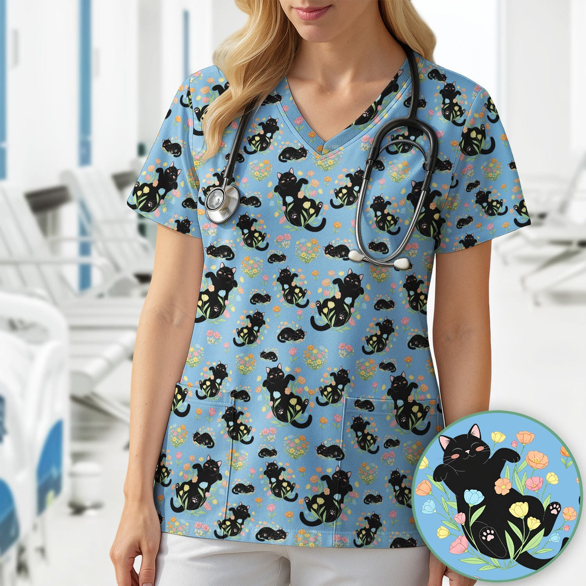 Cats Cute Poses Floral Nurse Scrub Top