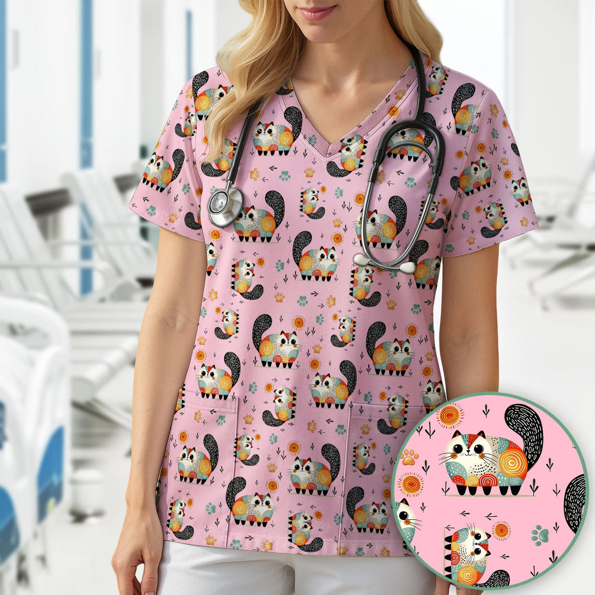 Cat Illustration Nurse Scrub Top