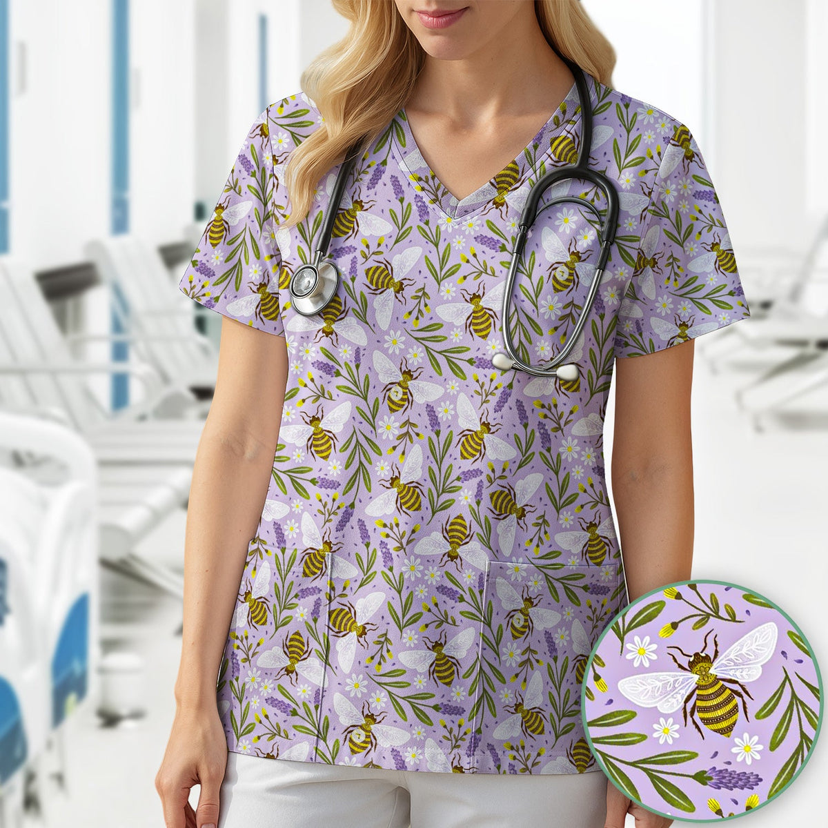Lavender Bee Floral Nurse Scrub Top