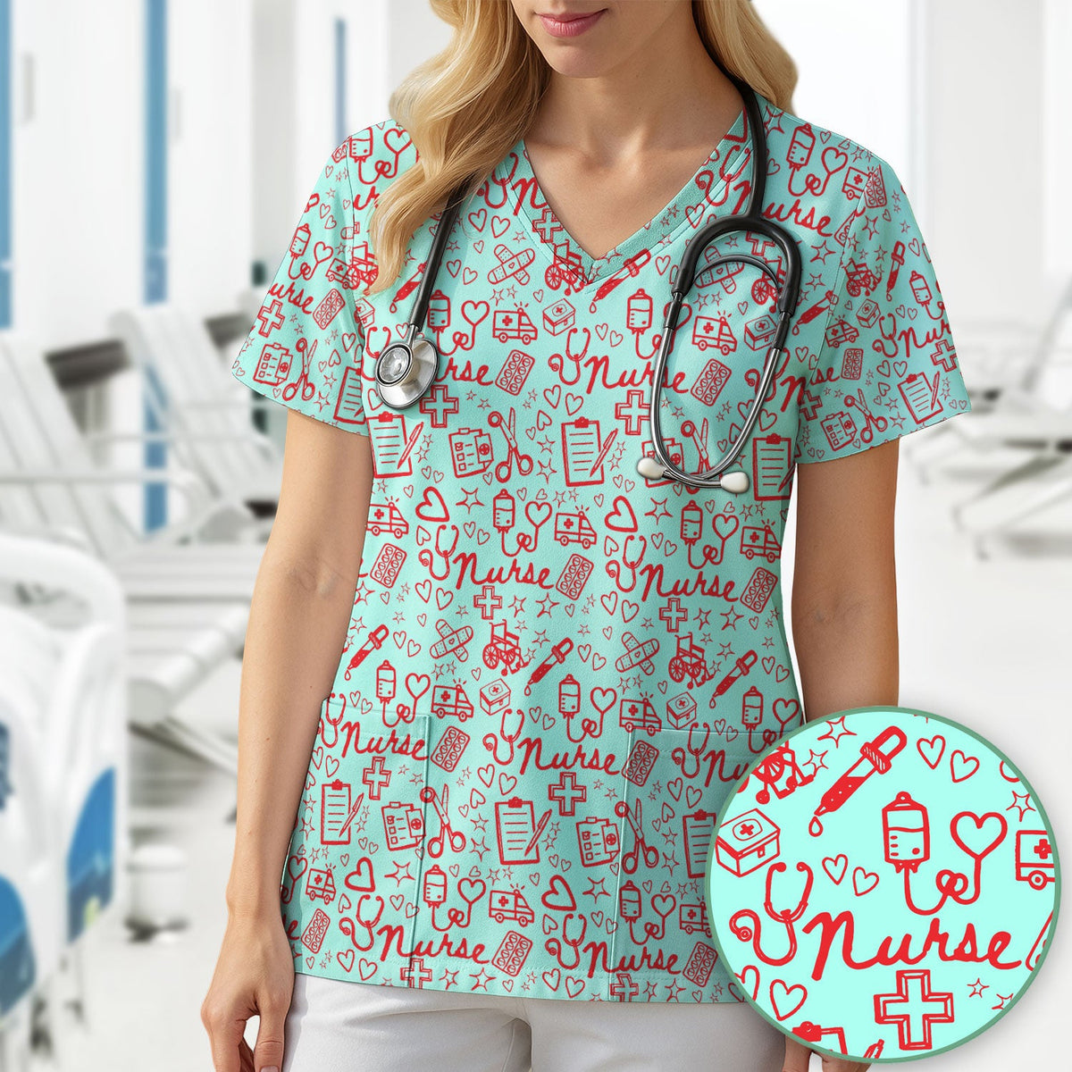Cute Nurse Heart Medical Pattern Scrub Top, Comfortable Scrubs for Nurses