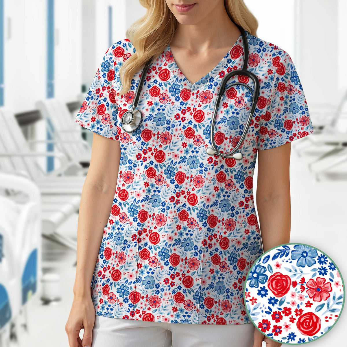 Red Blue Floral Garden Blossom Nurse Scrub Top