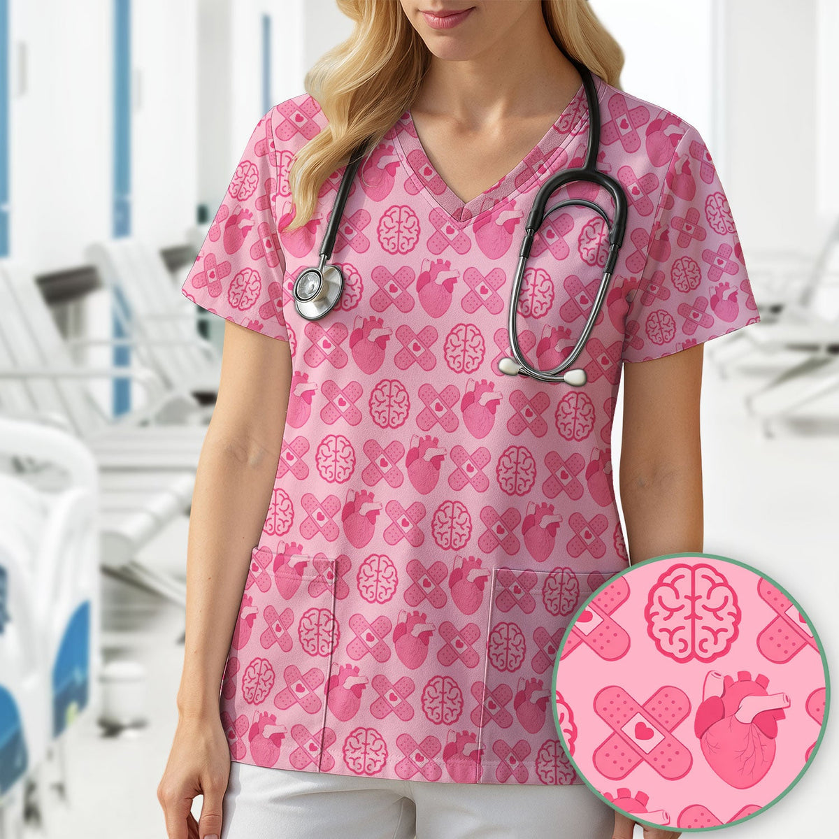 Heart & Brain Medical Icon Pattern Scrub Top, Breathable Fabrics Nursing Uniform