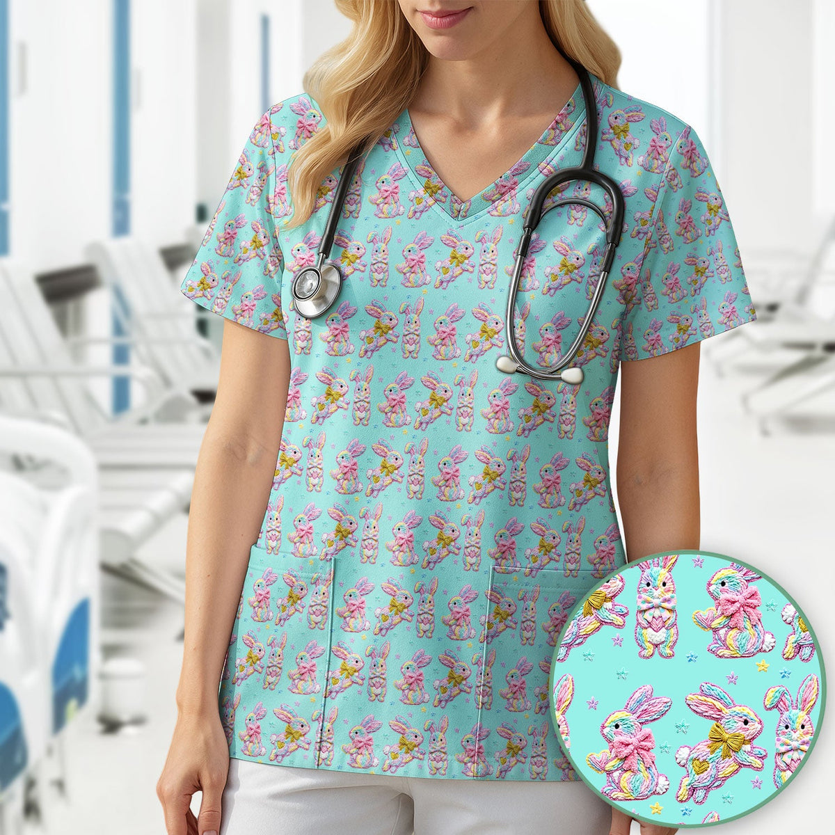 Cartoon Bunny Nurse Scrub Top - Easter Gift