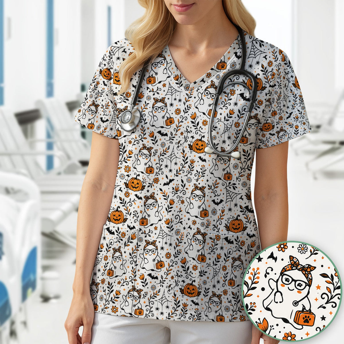 Halloween Ghost Pumpkins Nurse Scrub Top
