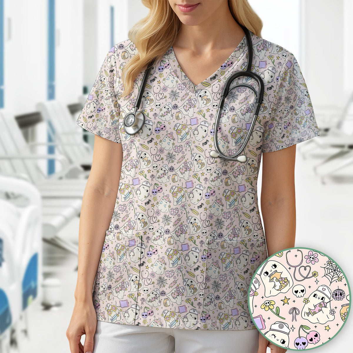 Halloween Ghosts Nurse Scrub Top