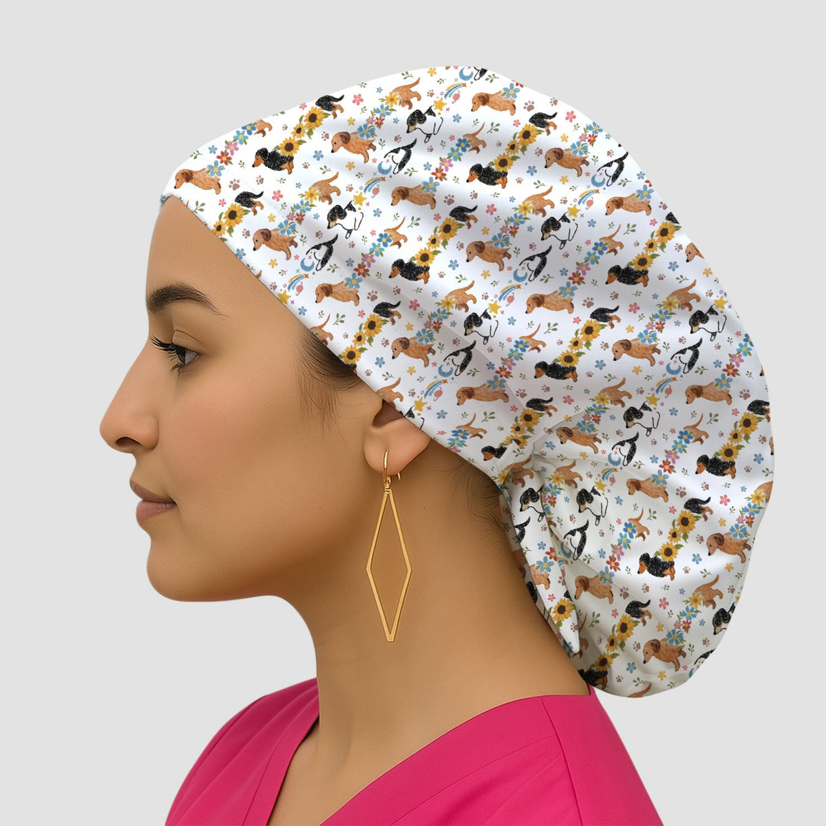 Floral Wiener Dog Scrub Cap