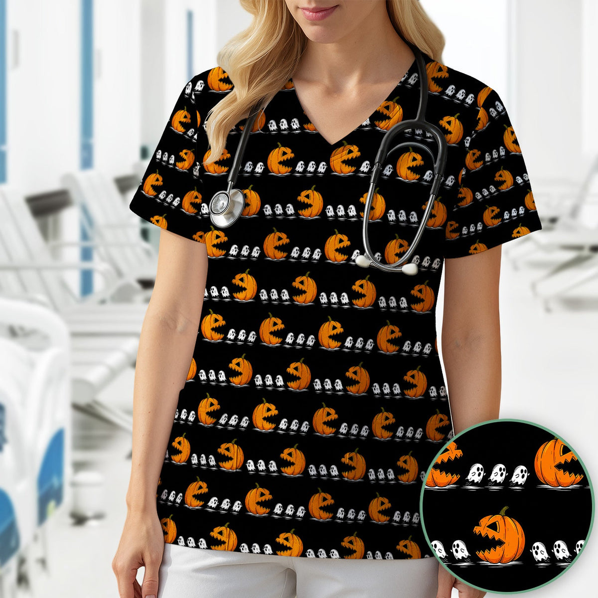 Spooky Pumpkin Ghost Nurse Scrub Top