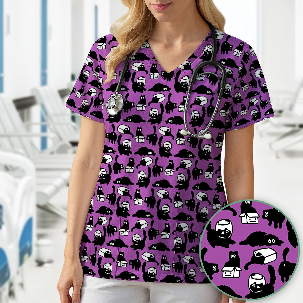 Dark Playful Cat Nurse Scrub Top