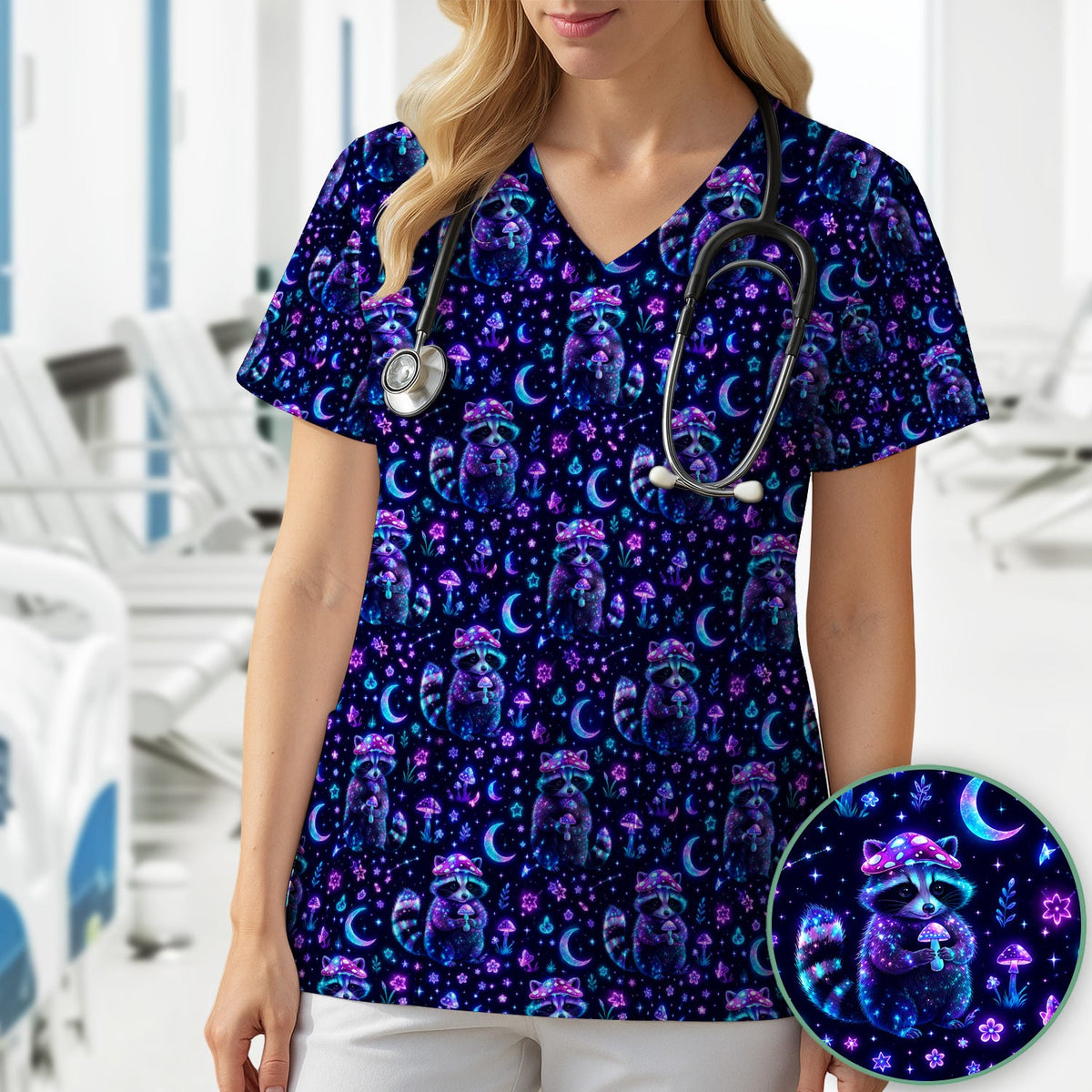 Neon Mushroom Raccoon Moonlight Nurse Scrub Top
