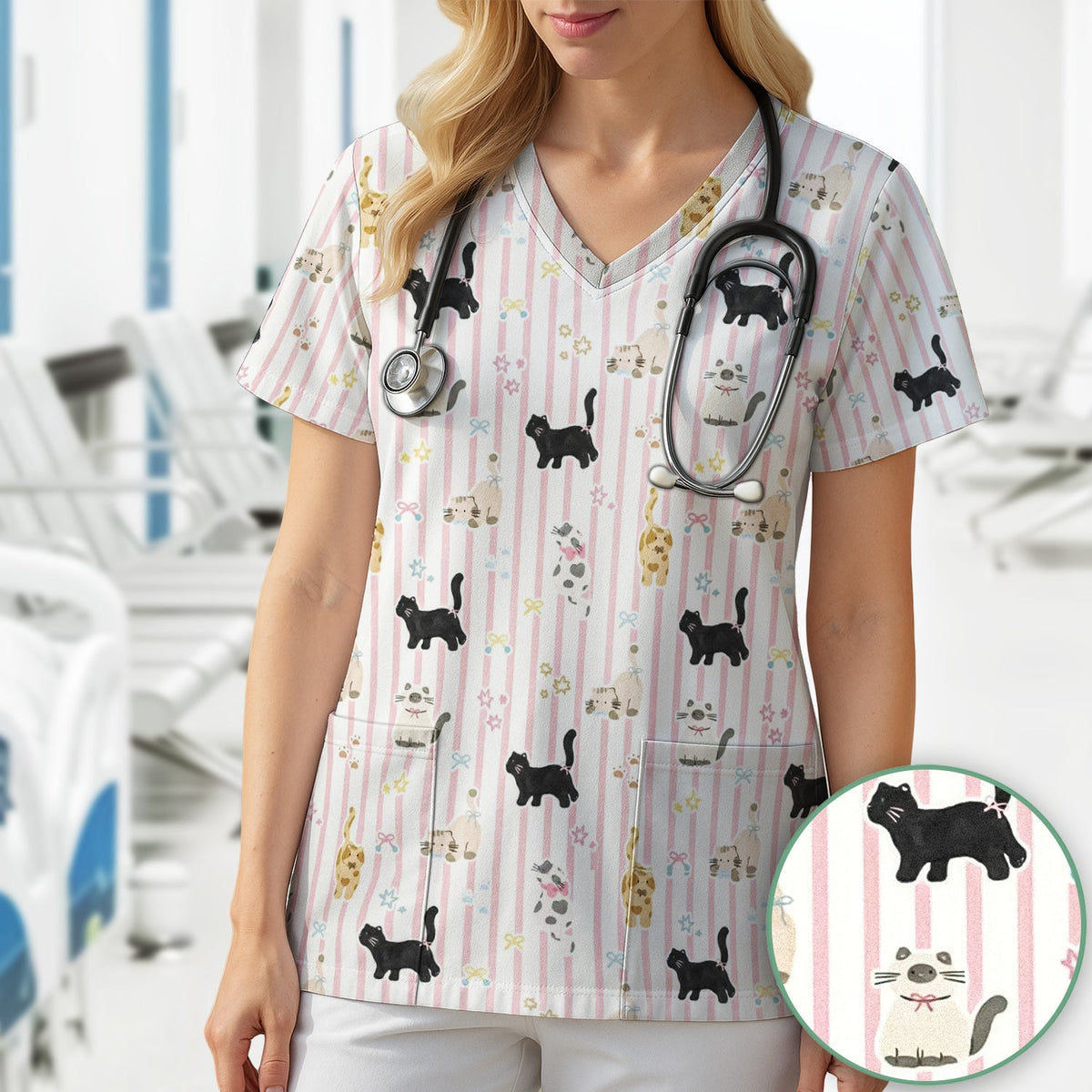 Playful Cat Stripe Ribbon Nurse Scrub Top