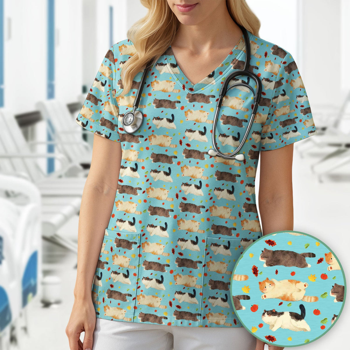 Chubby Cat Autumn Leaves Nurse Scrub Top