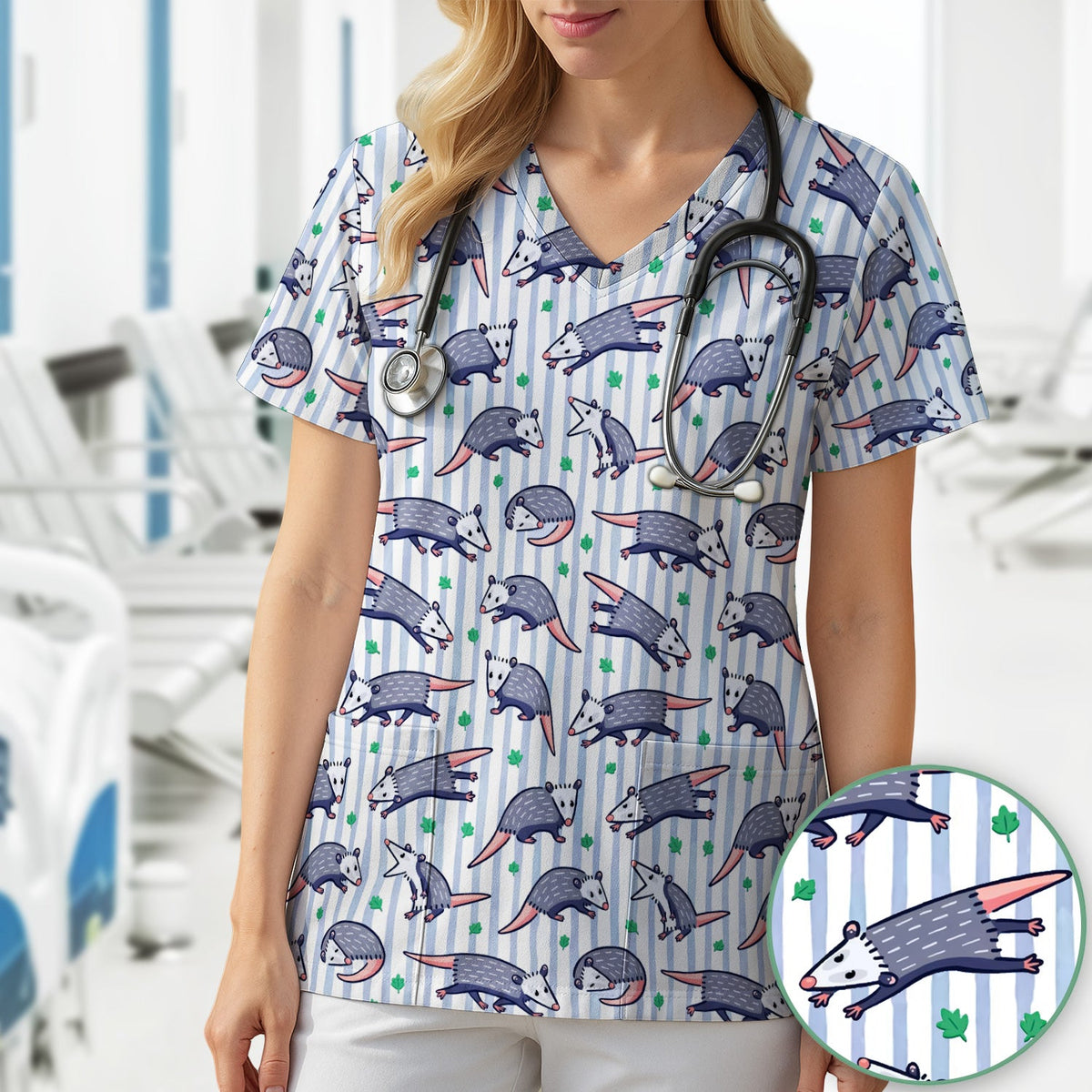 Opossum Blue Stripe Nurse Scrub Top