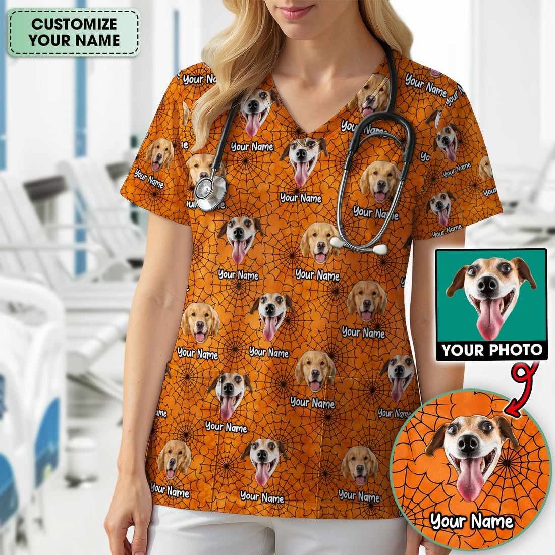 Personalized Halloween Dog Photo Spiderweb Scrub Top