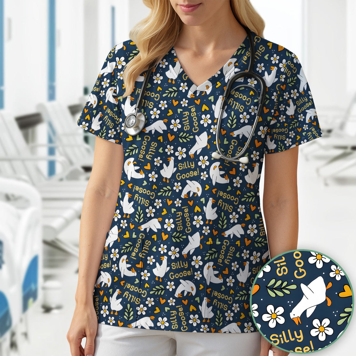 Silly Goose Floral Nurse Scrub Top