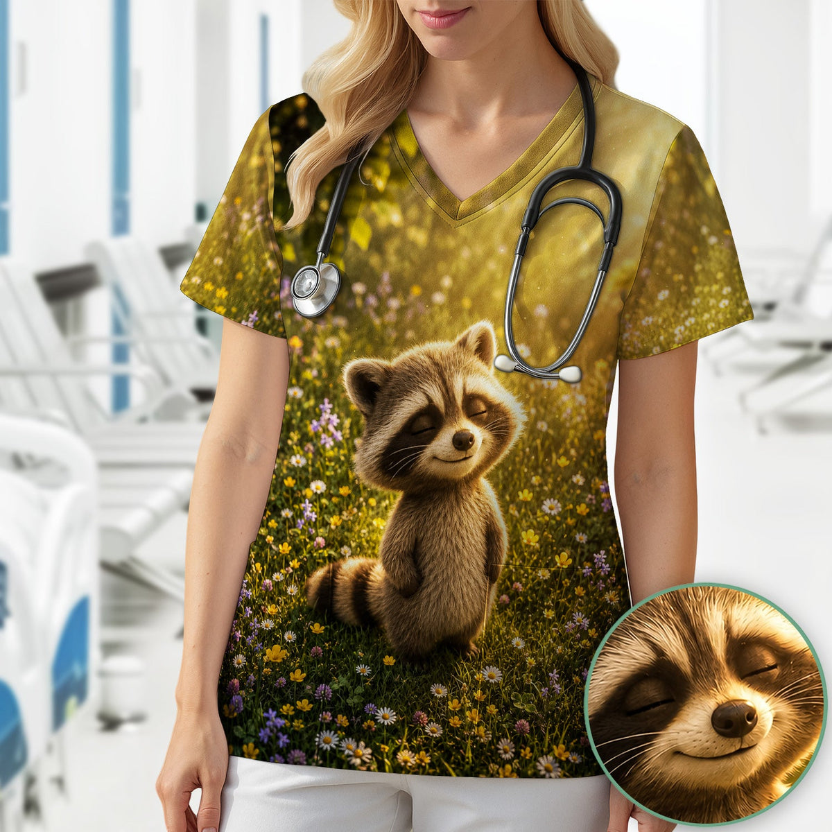 Smiling Raccoon Meadow Flower Nurse Scrub Top