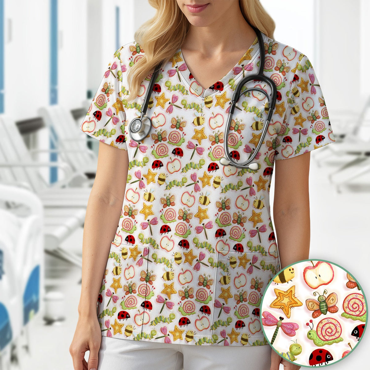 Snail Ladybug Caterpillar Apple Garden Nurse Scrub Top