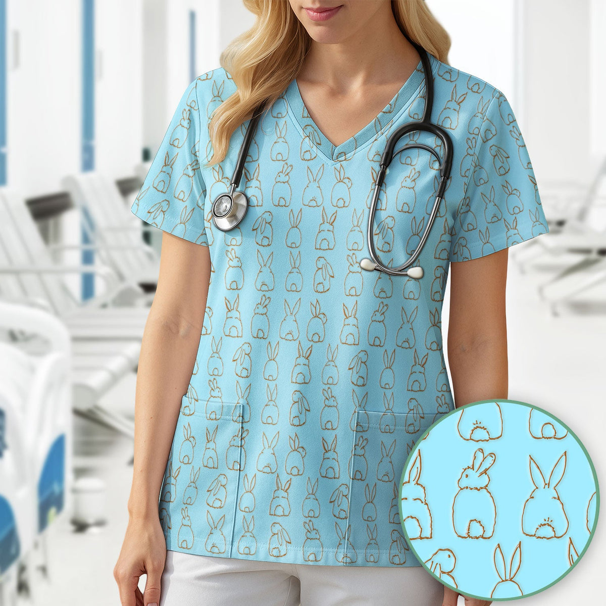 Cartoon Bunny Line Art Nurse Scrub Top - Easter Gift