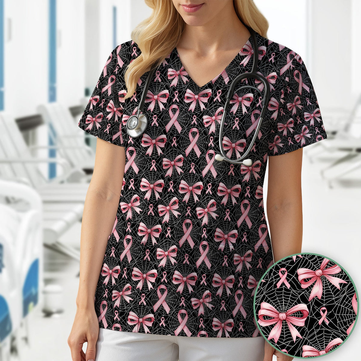 Pink Ribbon Pattern Nurse Scrub Top