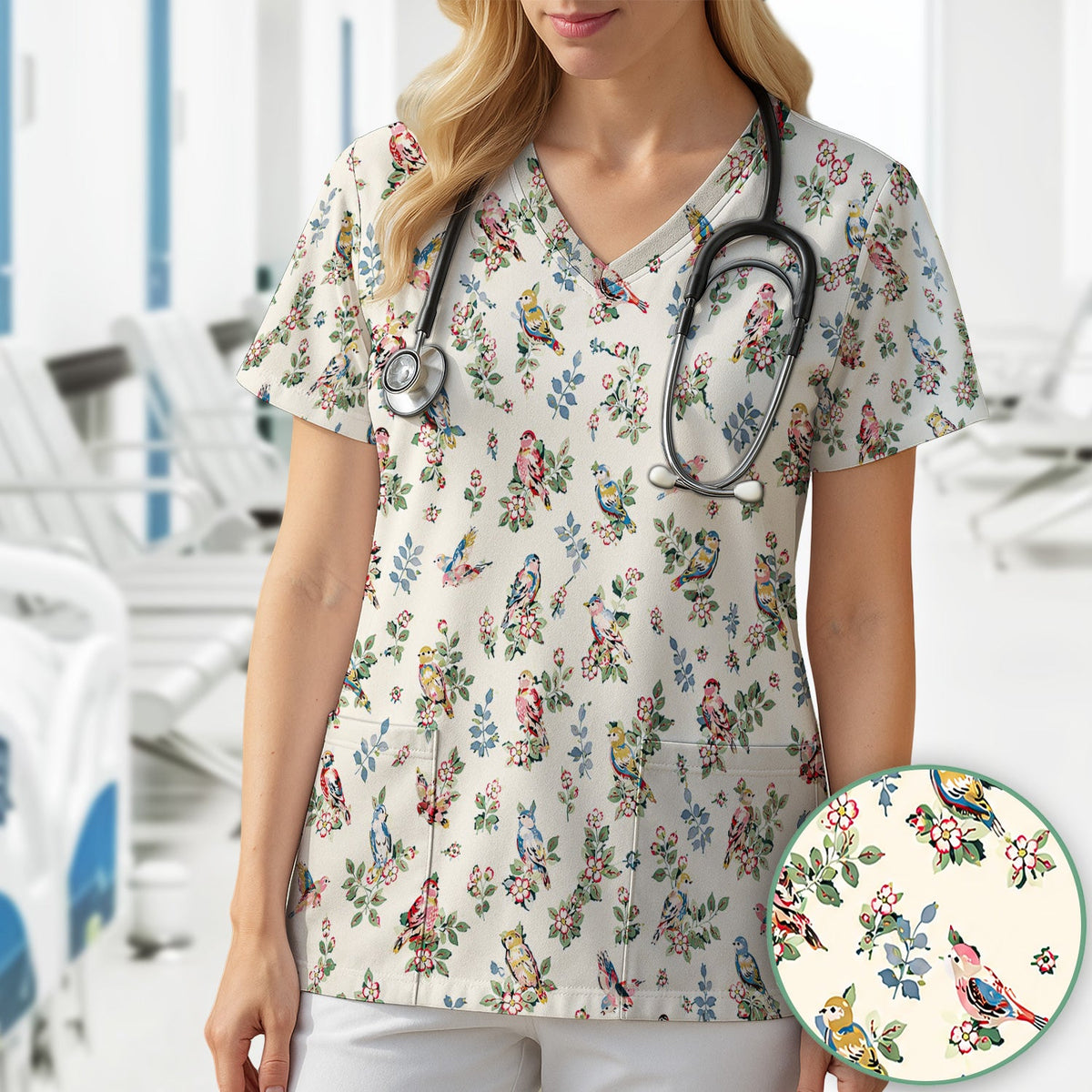 Vintage Birds Blossom Nurse Scrub Top