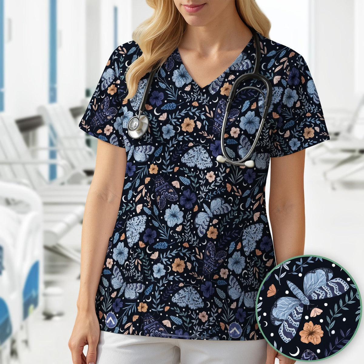 Night Moth Butterfly Floral Nurse Scrub Top