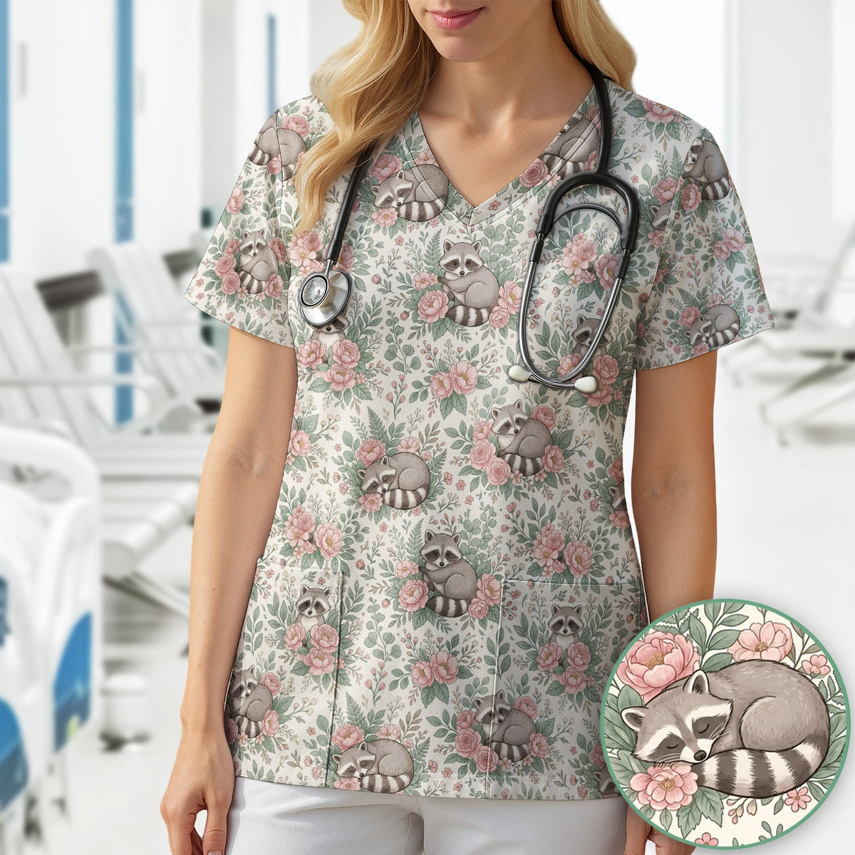 Sleeping Raccoon Rose Garden Nurse Scrub Top