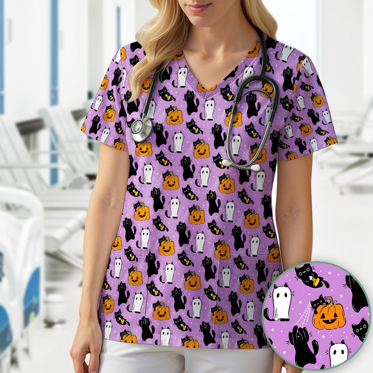 Purple Halloween Black Cat Nurse Scrub Top