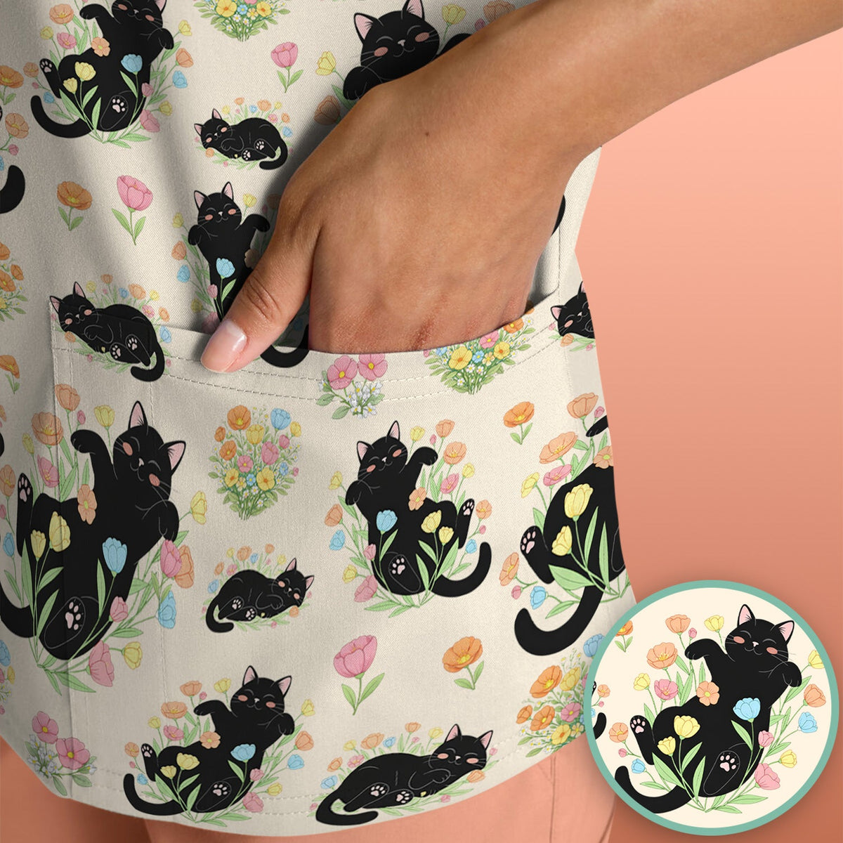 Cats Cute Poses Floral Nurse Scrub Top