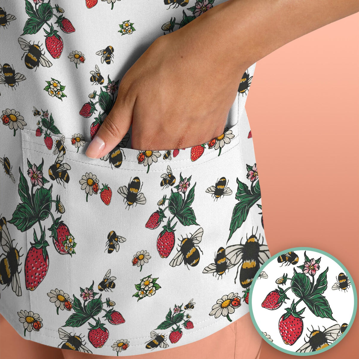 Strawberry Bee Daisy Nurse Scrub Top