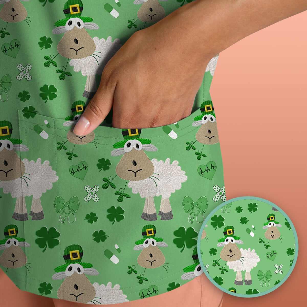 Nurse St. Patrick's Day Scrubs Top, Cute Sheep Shamrock Pattern Nurse Shirt, Breathable Fabrics Nursing Uniform