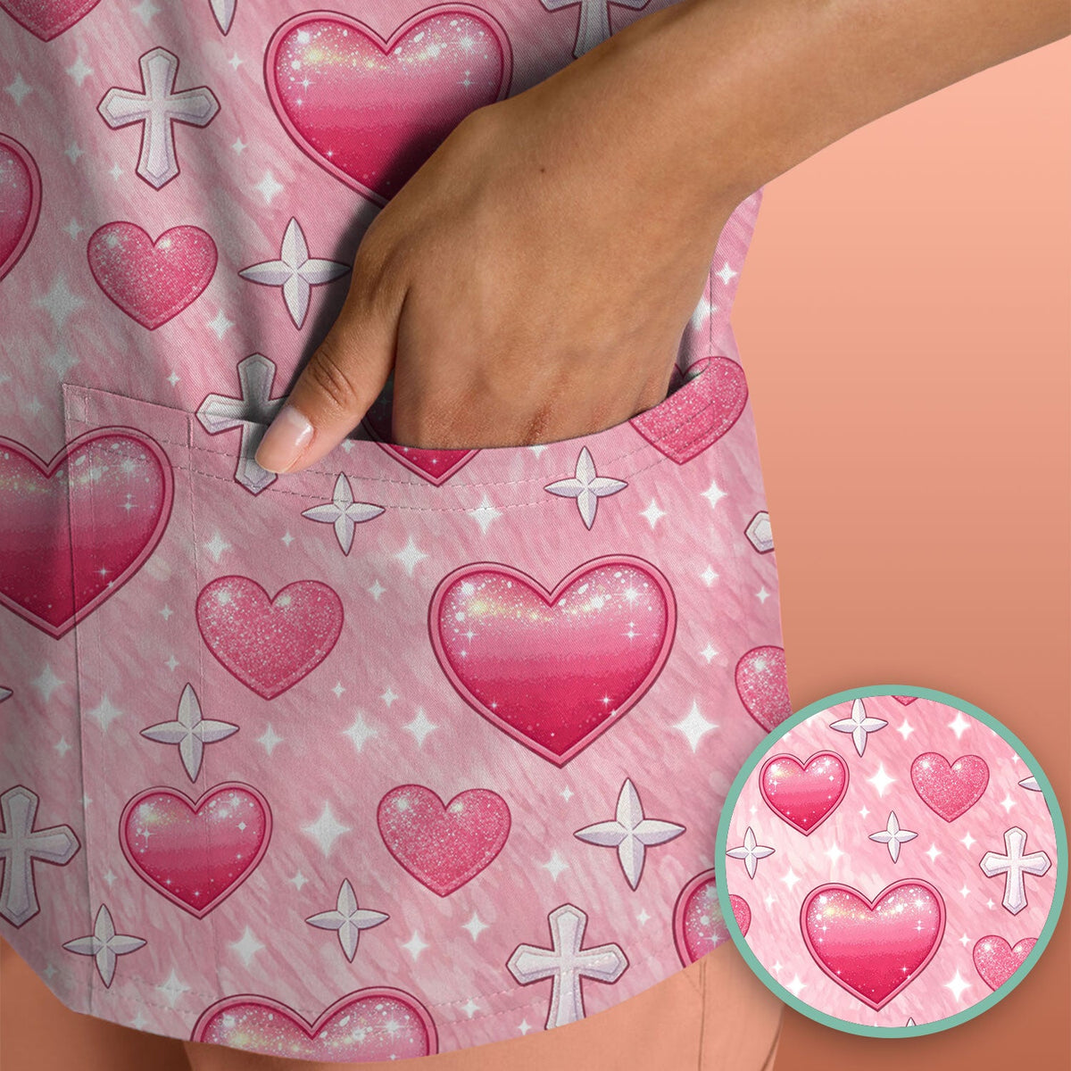 Pink Heart & Cross Pattern Scrub Top, Comfortable Scrubs for Nurses Uniform, Valentine's Day gift