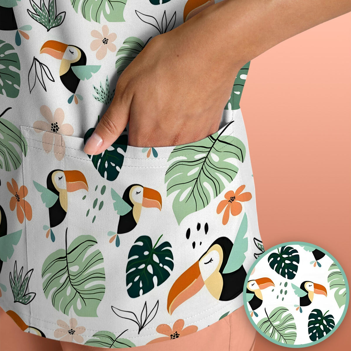 Tropical Toucan Leaf Floral Nurse Scrub Top