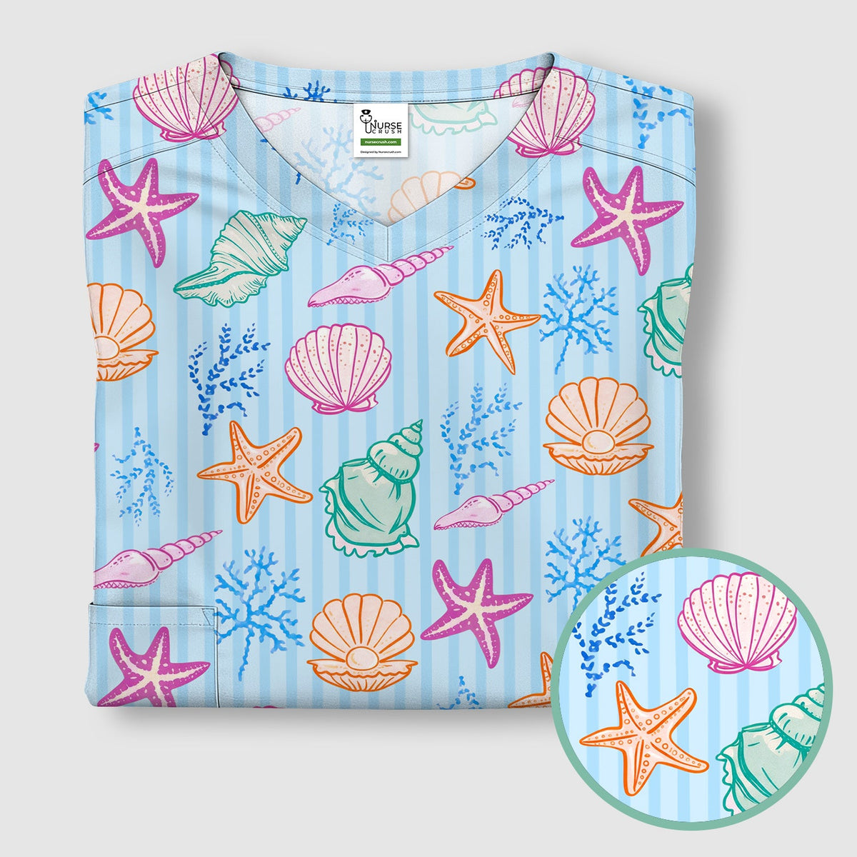 Colorful Seashell Starfish Ocean Stripe Nurse Scrub Top
