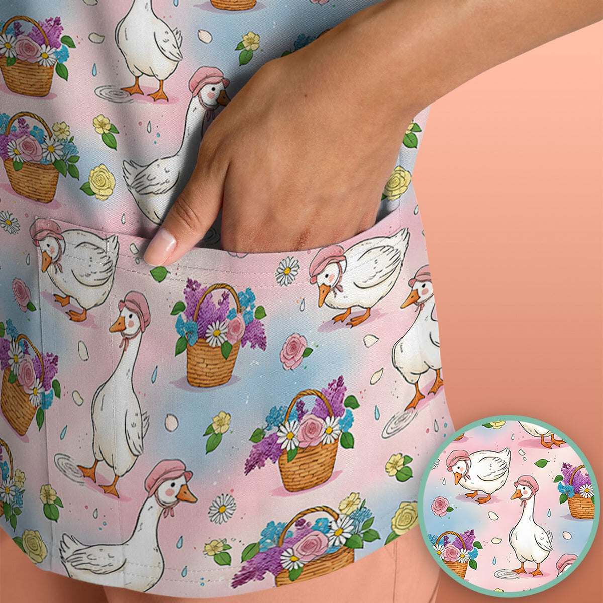 Spring Goose Flower Basket Nurse Scrub Top