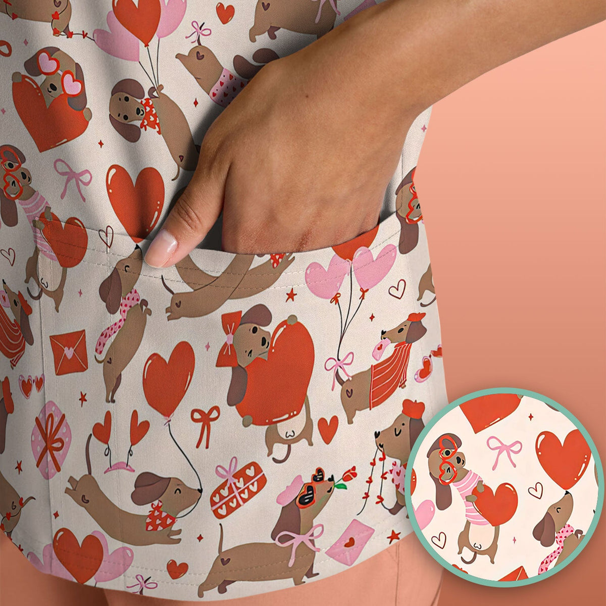 Cute Dachshund Valentine Medical Pattern Scrub Top, Breathable Fabrics Nursing Uniform