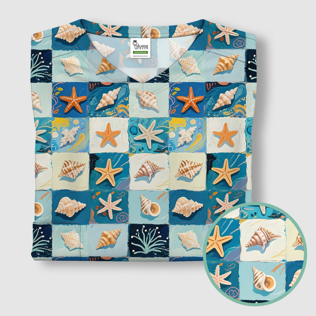 Seashell Starfish Ocean Tile Nurse Scrub Top