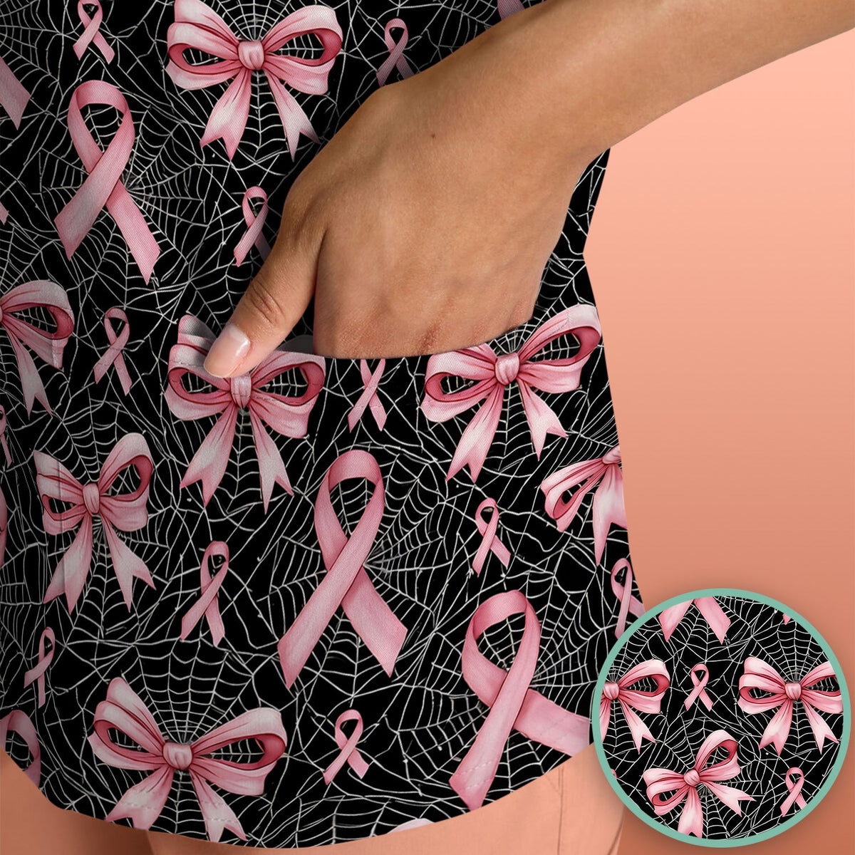 Pink Ribbon Pattern Nurse Scrub Top