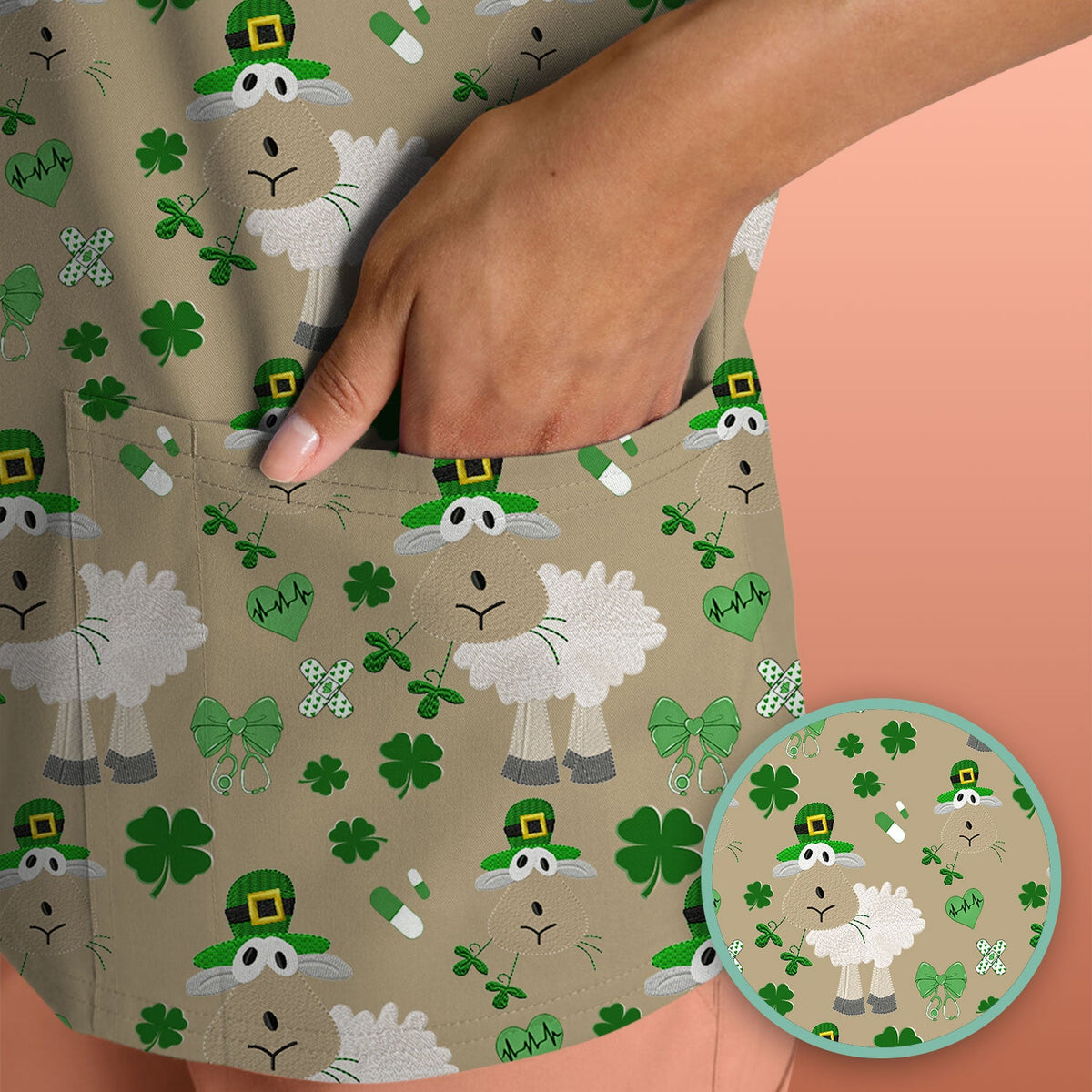 Nurse St. Patrick's Day Scrubs Top, Cute Sheep Shamrock Pattern Nurse Shirt, Breathable Fabrics Nursing Uniform