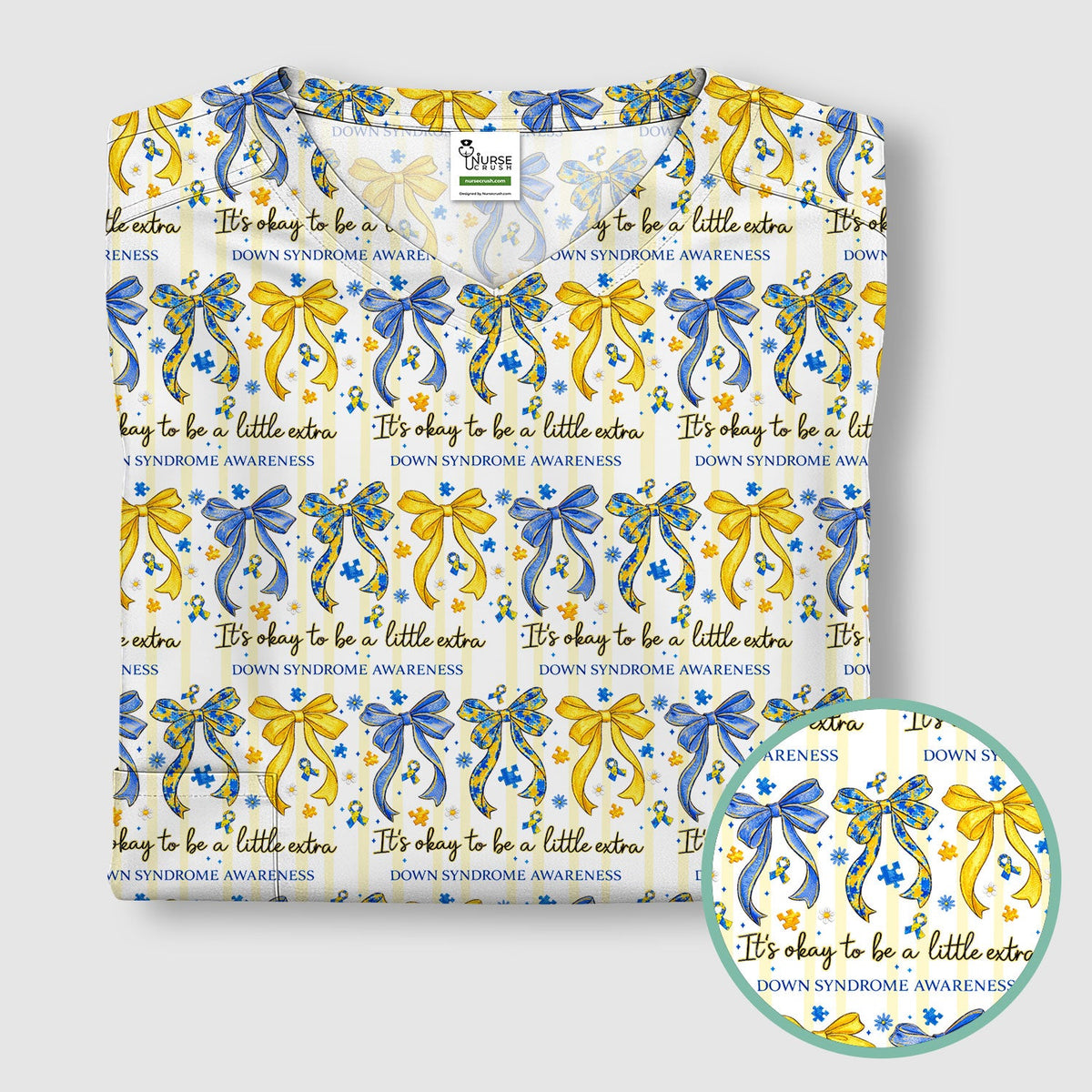 Down Syndrome Awareness Ribbon Pattern Scrub Top Comfortable Nurse Workwear Top