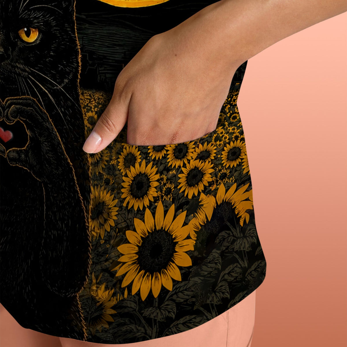 Cute Black Cat Sunflower Night Nurse Scrub Top