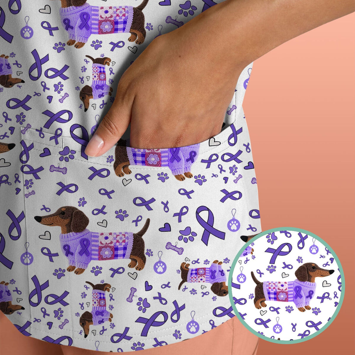 Purple Ribbon Dachshund Nurse Scrub Top