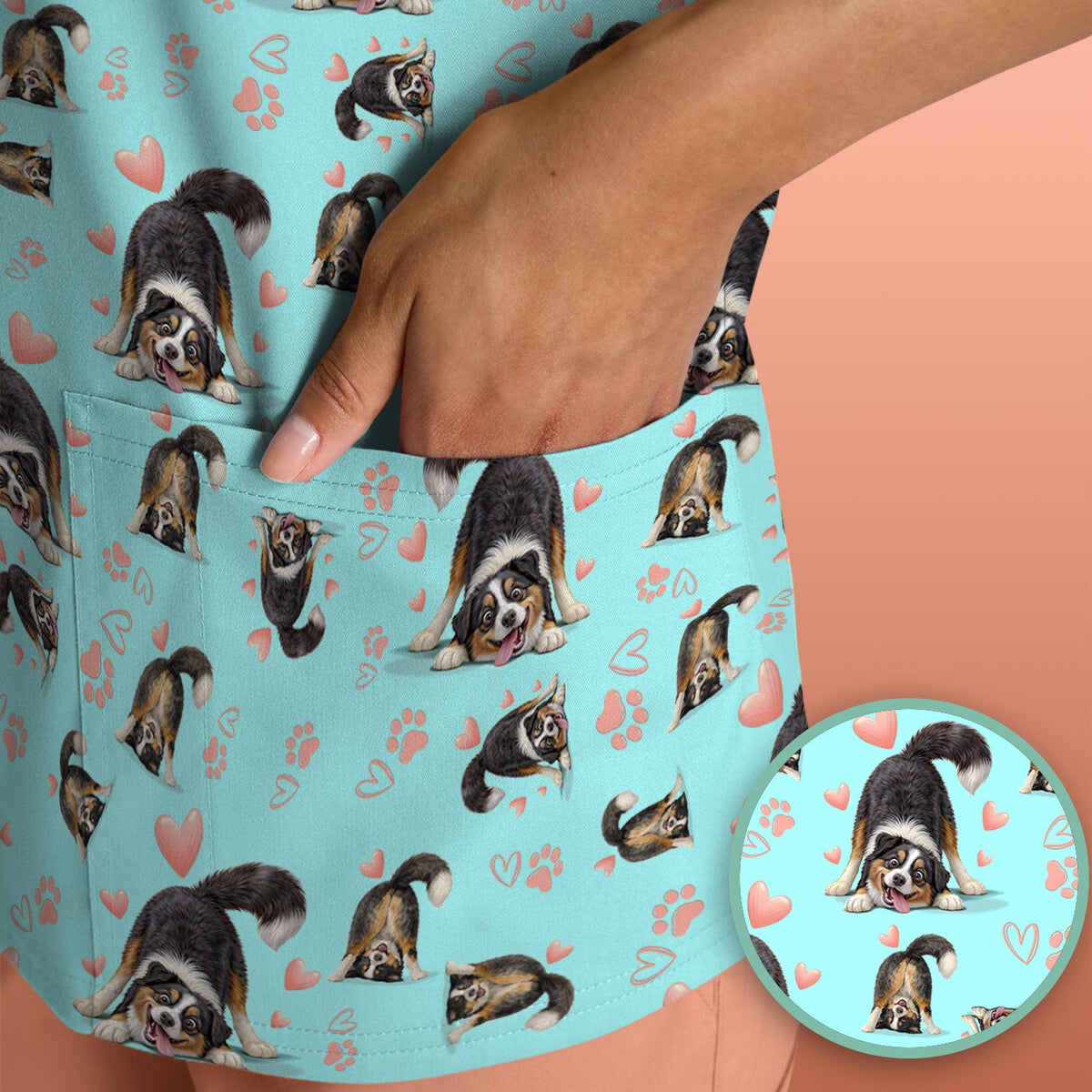 Playful Dog Heart Medical Print Scrub Top, Breathable Fabrics Nursing Uniform