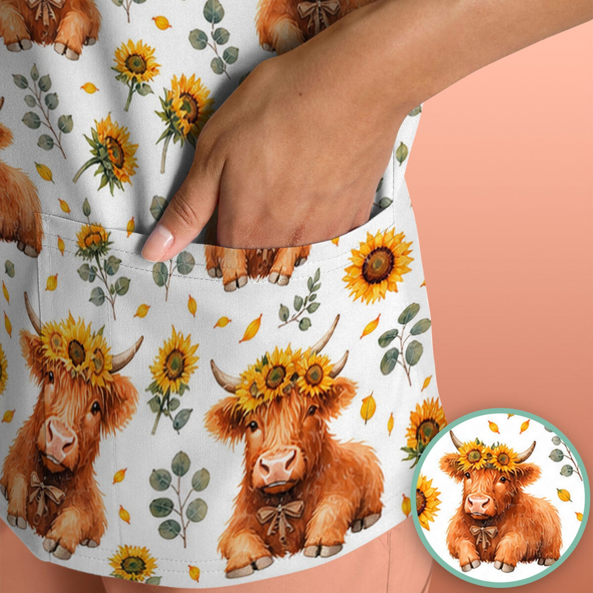 Rustic Highland Cow Floral Nurse Scrub Top
