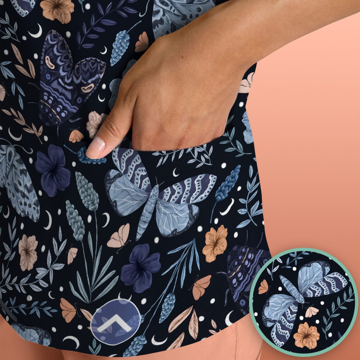 Night Moth Butterfly Floral Nurse Scrub Top