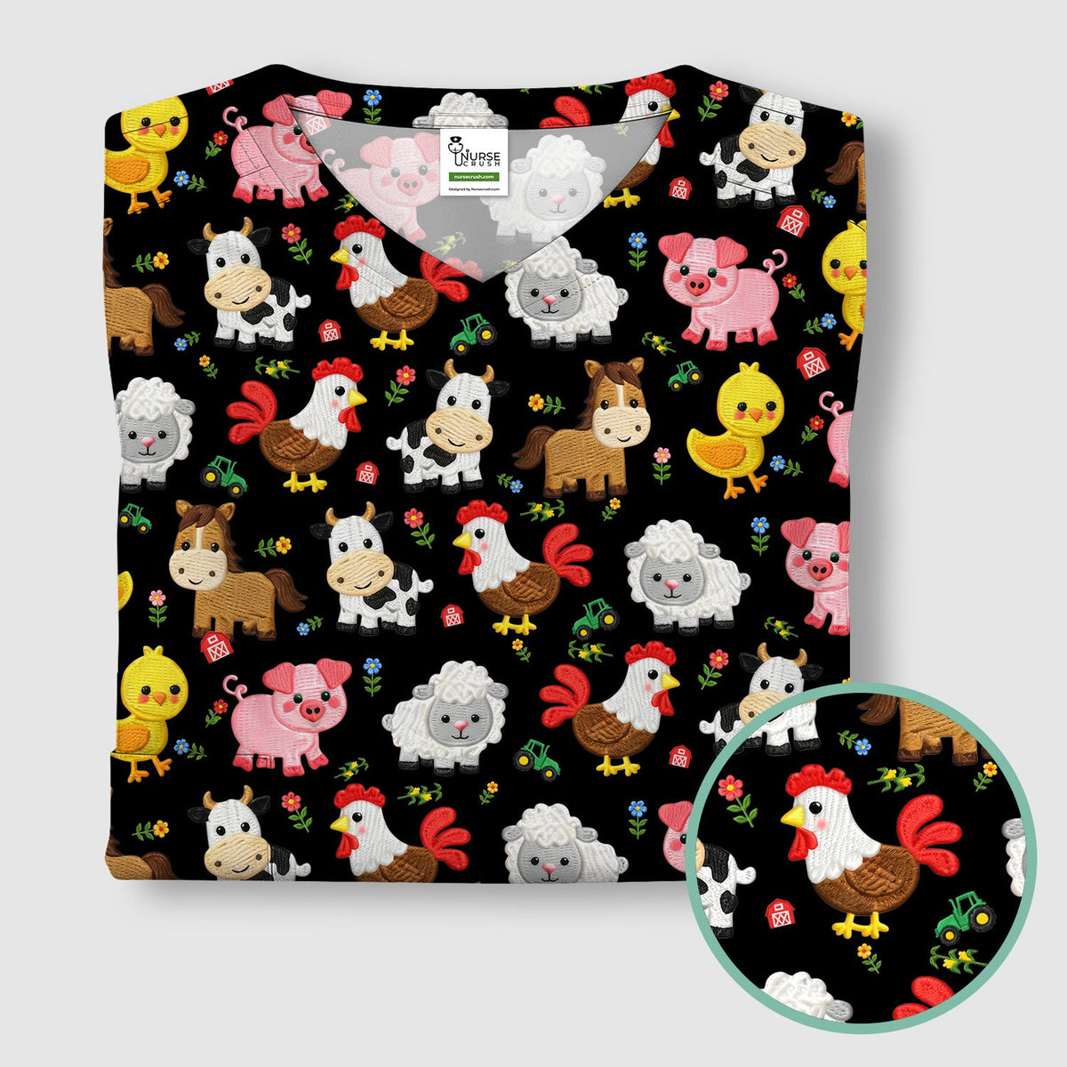 Cartoon Farm Animal Nurse Scrub Top