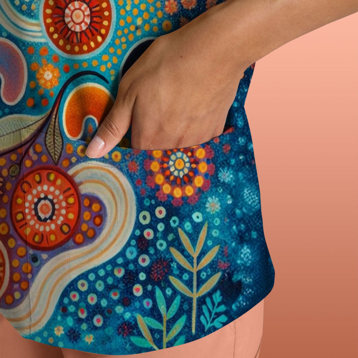 Australian Dot Art Inspired Scrub Top, Artistic Boho Pattern Nurse Shirt, Comfortable Scrubs For Nursing